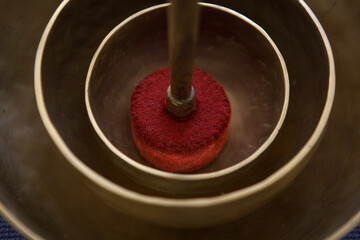 A person plays a traditional music instrument that has multiple circular components. The instrument...