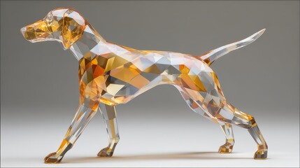 A crystal dog figurine with amber and clear facets forms a geometric sculpture on a neutral background.
