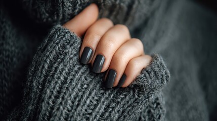 A hand rests on a gray knitted sweater with slightly curled fingers and dark gray nail polish, expressing cozy minimal style.
