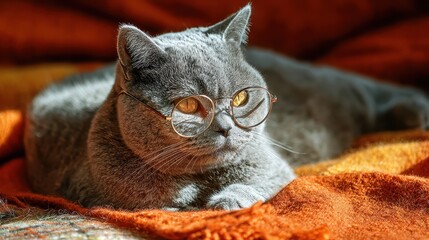 A gray British shorthair cat in stylish glasses relaxes on an orange blanket, creating a funny intellectual pet vibe.
