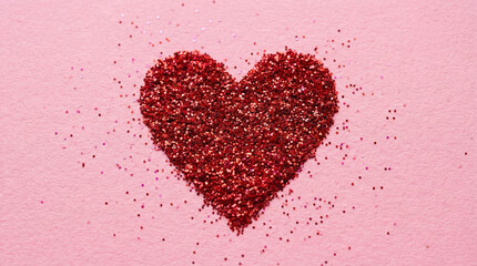 Heart-shaped design made with red glitter on a pink background