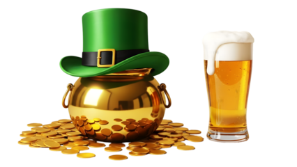 St patrick's day pot of gold coins with beer isolated on transparent background