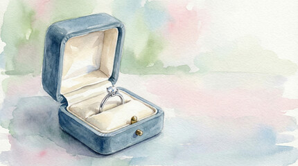 A watercolor painting of an open ring box with a sparkling diamond engagement ring inside on a soft pastel background
