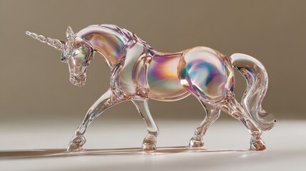 A crystal clear unicorn sculpture with rainbow reflections symbolizes magic, fantasy, and elegant artistic imagination
