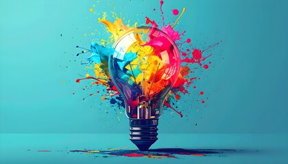Creative Light Bulb with Vibrant Multi-Colored Paint Splash on Blue Background