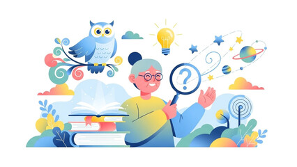 Lifelong Learning Concept with Senior Woman Using Magnifying Glass to Study Science Wisdom and Astronomy