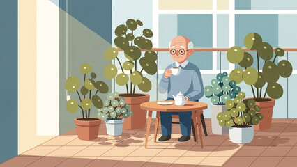 Elderly Man Relaxing and Drinking Tea on a Balcony Filled with Potted Green Plants in a Peaceful Home Setting