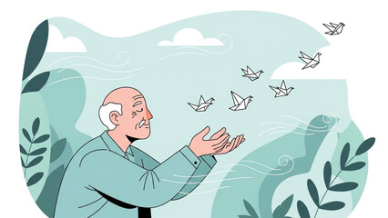 Elderly Man Letting Go of Origami Paper Birds Into the Wind Representing Peace and Freedom Illustration