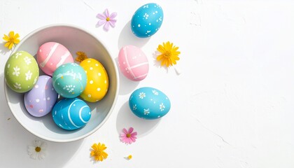 Colorful painted Easter eggs in a bowl with scattered flowers on a white textured background