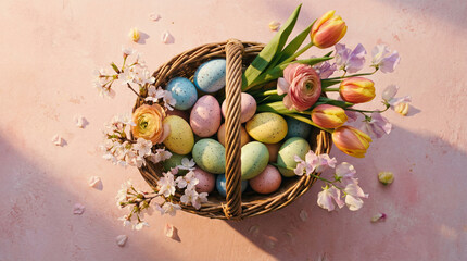 Colorful Easter eggs in a wicker basket surrounded by vibrant flowers and blossoms on a pink background