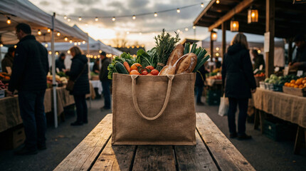 A bustling outdoor market with a canvas bag filled with fresh vegetables and bread on a wooden table