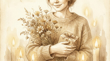 A warm illustration of a person holding a bouquet of flowers and a gift box with lit candles in the background