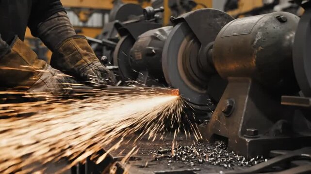 Sparks fly as a metal worker grinds a steel bar on a bench grinder in a workshop