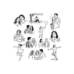 Group of people engaged in various interactions.