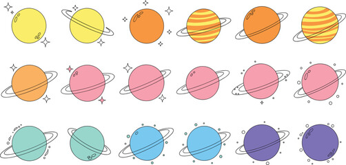 Colorful cartoon planet collection with rings and stars in space for galaxy universe science education astronomy children book and vector game design. © MdMunzurul