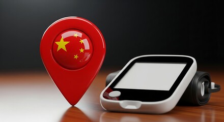 Chinese location marker with smartwatch on wooden table