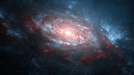 Galaxy formation in a vast space scene with swirling clouds and bright center
