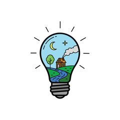 Eco friendly light bulb with landscape inside illustration.