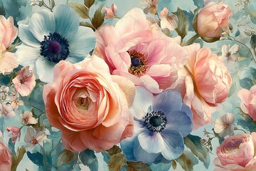 Delicate, elegant, vintage watercolor painting of a seamless floral pattern, with soft pink and peach roses, light blue anemones