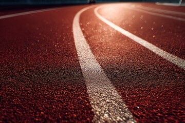 Overhead detail of a vibrant red track with clean white lines, enhanced by soft shadows and low contrast. Suitable for sports facility advertising, website banners, and promotional materials.