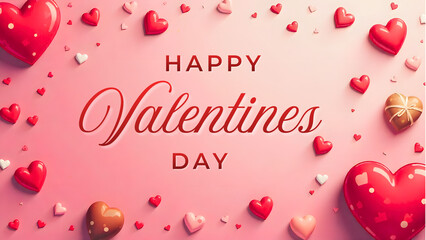 Valentine&rsquo;s Day background featuring hearts, valentines day greeting card, &ldquo;Happy Valentine&rsquo;s Day&rdquo; text, red roses, and chocolates.