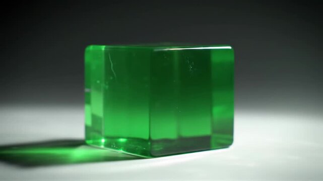 A vibrant green glass or crystal cube with a smooth surface and sharp edges sits on a white surface, casting a green shadow