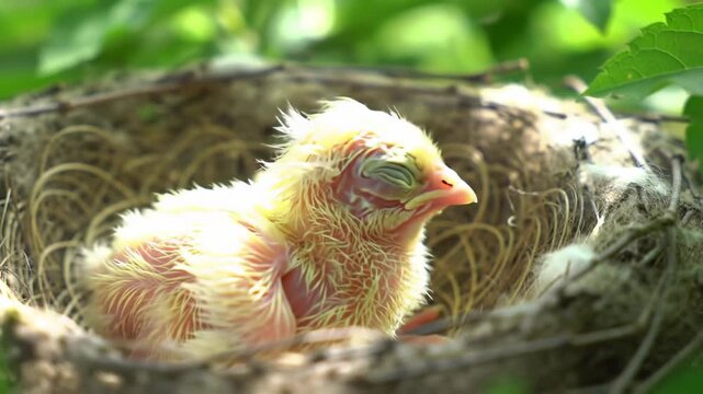 A small, fluffy yellow bird sits in a nest, surrounded by twigs and greenery, looking up with a tiny beak