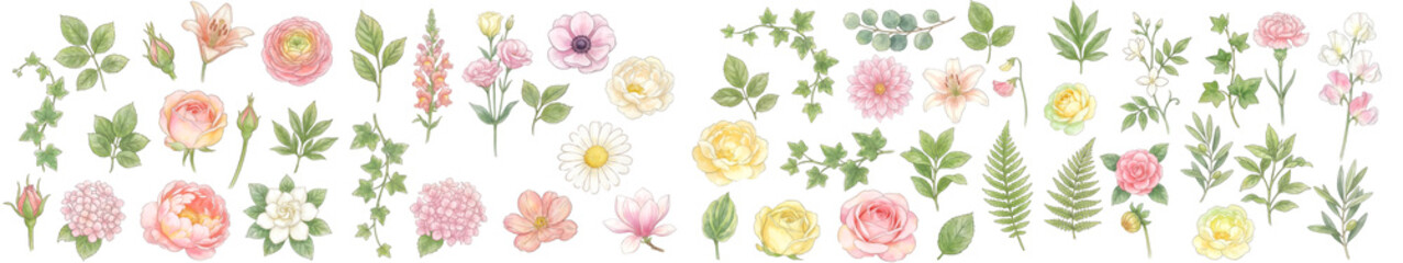 watercolor Floral Clipart Bundle, Pastel Flowers Leaves & ivy, white Background Set