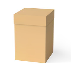 Gift cardboard box with close lid, realistic 3D tall brown carton box for present parcel, delivery package vector mockup