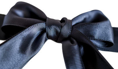 Black satin bow with smooth and shiny texture sits on a transparent background. This cut out element can be used in various design projects or for decorations