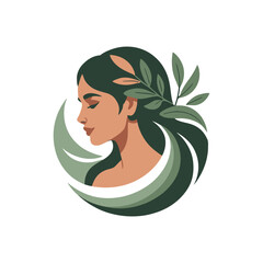 Stylized female portrait with botanical leaves illustration.
