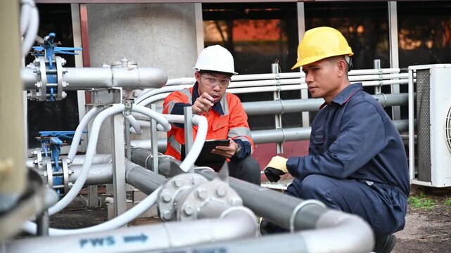 Two engineers are inspecting high-pressure water pipes and checking the integrity of the equipment