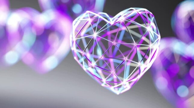 The concept of Valentine's Day. Floating neon blue-purple heart on a light background. Dance of hearts.
