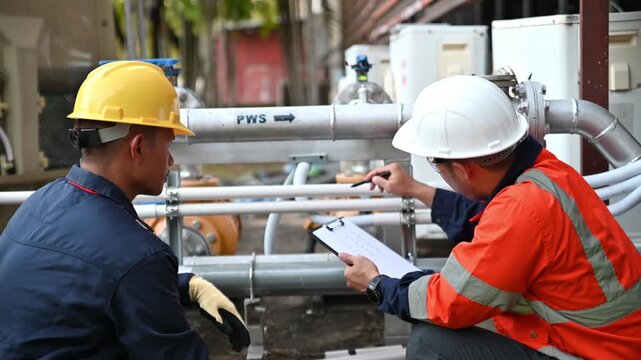 Engineers checking pipeline system for maintenance and safety inspection