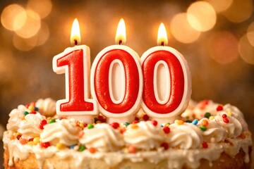 A cake with three candles on it with the number 100 written on it
