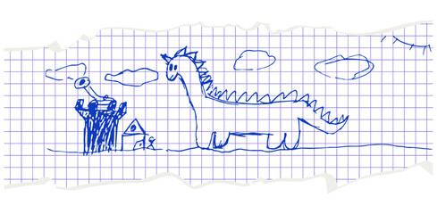 Child hand drawn dinosaur doodle on grid paper, cute naive sketch illustration. Torn paper with drawn blue pen Dragon and Castle. Vector scribble charcoal graphic for collage, scrapbook design. 