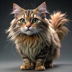 A fluffy tabby cat with striking green eyes sits attentively against a neutral backdrop. Detailed fur texture and expressive gaze.