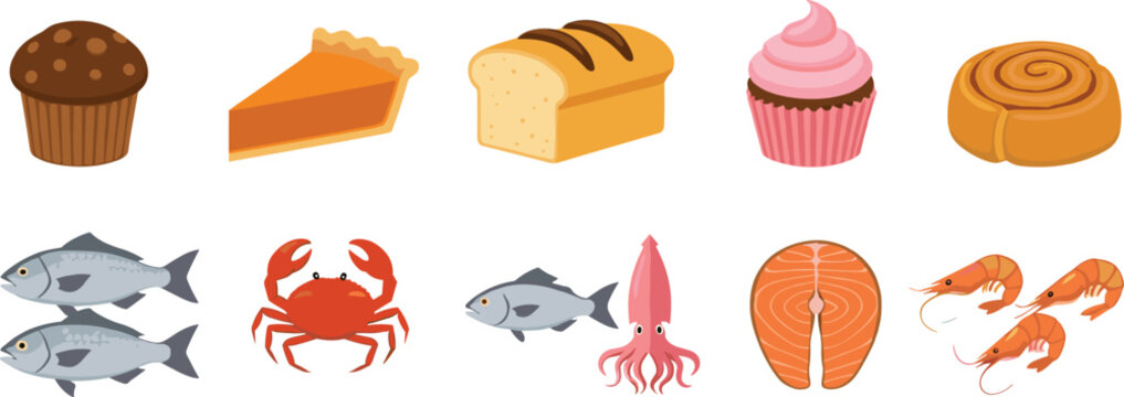 Bakery desserts and seafood food illustration set with bread cupcake fish crab shrimp isolated flat vector
