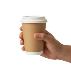 Hand holding takeaway coffee cup isolated on transparent background