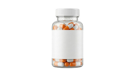 Medication bottle with orange pills isolated on transparent background