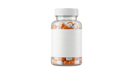Medication bottle with orange pills isolated on transparent background