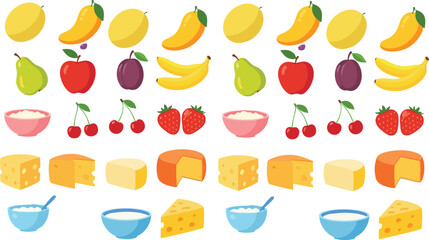 Colorful fruit and dairy food icon set with cheese yogurt bowls berries bananas flat vector illustration © MdMojnu