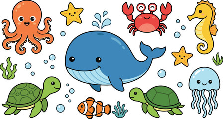 Cute sea animals cartoon illustration set, whale turtle octopus fish crab seahorse, colorful underwater vector characters © AshikCreative