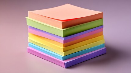 A tall stack of colorful square sticky notes in various pastel shades on a light purple surface.