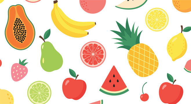 Colorful tropical fruit seamless pattern with banana pineapple watermelon citrus apple pear strawberry flat vector illustration