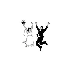 Obraz premium Joyful bride and groom jumping together in celebration.