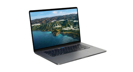 Modern laptop displaying scenic landscape isolated on transparent background