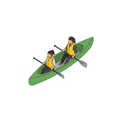 Two people paddling tandem green kayak with life jackets.