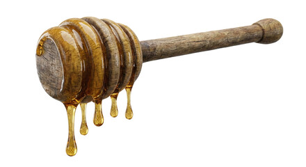 Traditional wooden honey dipper with golden honey isolated on transparent background