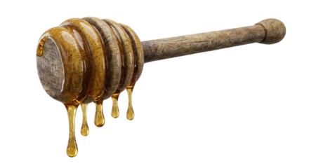 Traditional wooden honey dipper with golden honey isolated on transparent background